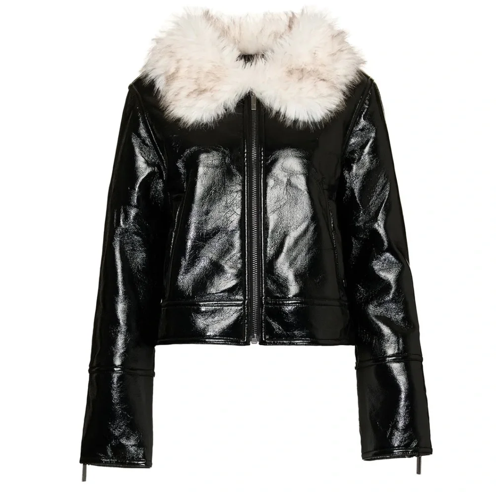 Shiny Black Patent Jacket with White Faux-Fur Collar Cropped Bomber Style - Picture 2 of 3